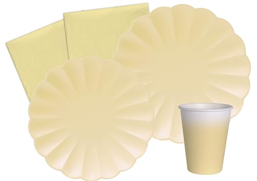 Ciao Partygeschirr Party-Set Flower Shape für 8 Personen (44 pcs: 8 Pappteller Ø23cm, 8 Pappteller Ø18cm, 8 Becher 250ml, 20 Servietten 33x33cm) aus eco-Friendly kompostierbarem Papier, Pastellgelb von Ciao