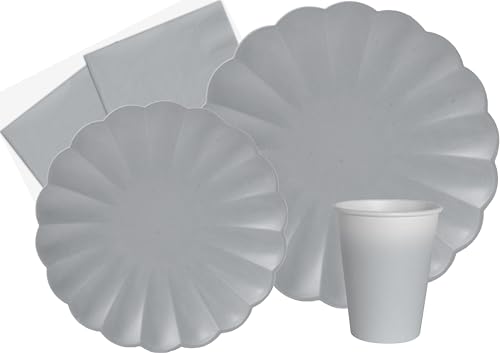 Ciao Partygeschirr Party-Set Flower Shape für 8 Personen (44 pcs: 8 Pappteller Ø23cm, 8 Pappteller Ø18cm, 8 Becher 250ml, 20 Servietten 33x33cm) aus eco-Friendly kompostierbarem Papier, Rauchgrau von Ciao