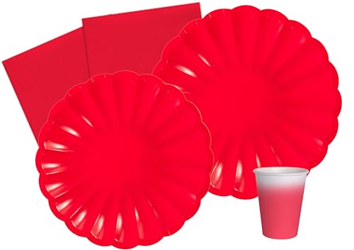 Ciao Partygeschirr Party-Set Flower Shape für 8 Personen (44 pcs: 8 Pappteller Ø23cm, 8 Pappteller Ø18cm, 8 Becher 250ml, 20 Servietten 33x33cm) aus eco-Friendly kompostierbarem Papier, Rot von Ciao