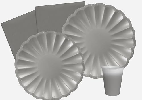 Ciao Partygeschirr Party-Set Flower Shape für 8 Personen (44 pcs: 8 Pappteller Ø23cm, 8 Pappteller Ø18cm, 8 Becher 250ml, 20 Servietten 33x33cm) aus eco-Friendly kompostierbarem Papier, Silber von Ciao