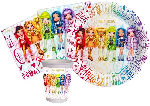 Ciao Partygeschirr Party-Set Rainbow High für 8 Personen (36 pcs: 8 Pappteller Ø18cm, 8 Becher 200ml, 20 Servietten 33x33cm) aus eco-Friendly kompostierbarem Papier von Ciao