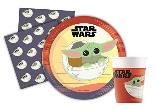 Ciao Partygeschirr Party-Set Star Wars Grogu Baby Yoda für 8 Personen (36 pcs: 8 Pappteller Ø23cm, 8 Becher 200ml, 20 Servietten 33x33cm) aus FSC Papier von Ciao