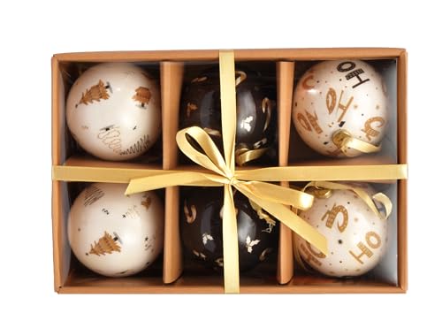 Ciao Set of 6 decoupage Christmas Tree Balls (Ø7,5cm) Ho Ho Ho with Fabric Ribbon in Havana giftbox von Ciao