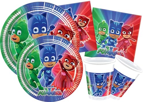 Ciao Y4321 PJ Masks for 8 People (44 pcs Ø23cm, 8 Plates Ø20cm, 8 Cups 200ml, 20 Napkins 33x33cm) Party Tableware Set, Blue, Green, Red von Ciao