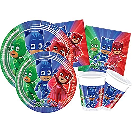 Ciao Y4322 PJ Masks for People (112 pcs Ø23cm, Plates Ø20cm, 24 Cups 200ml, 40 Napkins) Party Tableware Set, Blue, Green, Red von Ciao