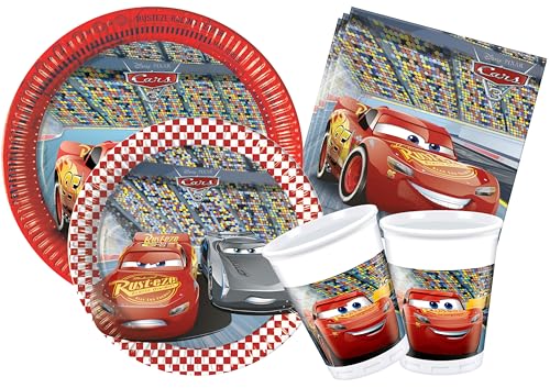 Partygeschirr Party-Set Disney Cars für 8 Personen (44 pcs: 8 Pappteller Ø23cm, 8 Pappteller Ø20cm, 8 Becher 200ml, 20 Servietten 33x33cm) von Ciao