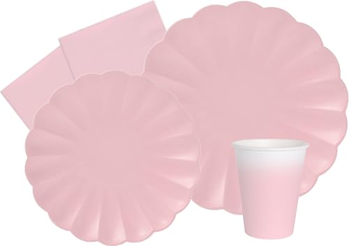 Partygeschirr Party-Set Flower Shape für 24 Personen (112 pcs: 24 Pappteller Ø23cm, 24 Pappteller Ø18cm, 24 Becher 250ml, 40 Servietten 33x33cm) aus eco-friendly kompostierbarem Papier, Pastellrosa von Ciao