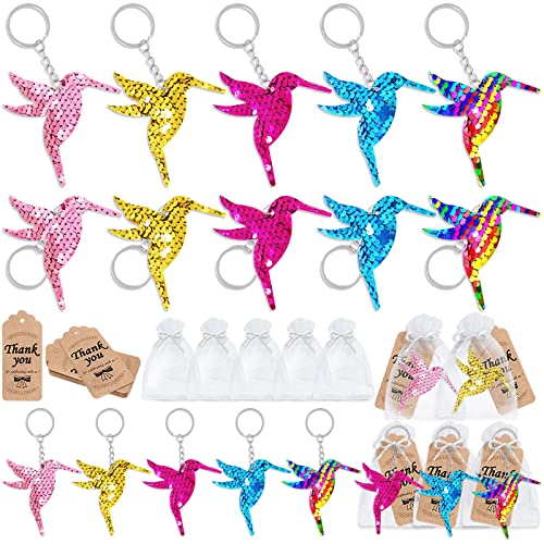CiciBear Doppelstöckiges Kolibri-Pailletten-Schlüsselanhänger-Set mit 20 Kolibri-Schlüsselanhängern, 20 Dankesanhängern und 20 Taschen für tropische Hawaii-Partygeschenke, Kinder und Geburtstag, von CiciBear