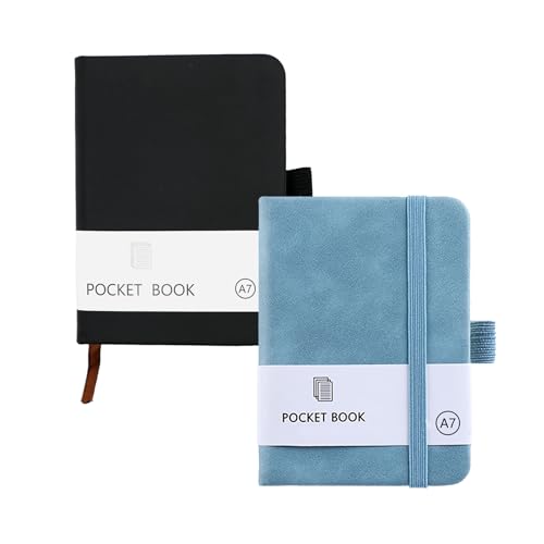CiciIng 2 Stück Notizbuch Klein A7, Taschennotizbuch mit Gummizugverschluss, Mini Notizbücher mit Stifthalter, Taschen Journal Notizblock für Schule Büroarbeiten (Schwarz, Blue) von CiciIng