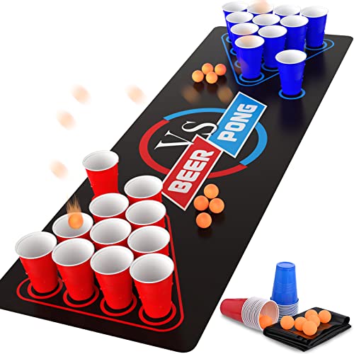 Cieex Beer Pong Set beinhaltet 1 Beer Pong Tischmatte Party Kunststoff Becher (15 blau & 15 rot) 8 Ping Pong Bälle Spaß Erwachsene Trinkspiel für Party Festivals Turniere BBQ von Cieex