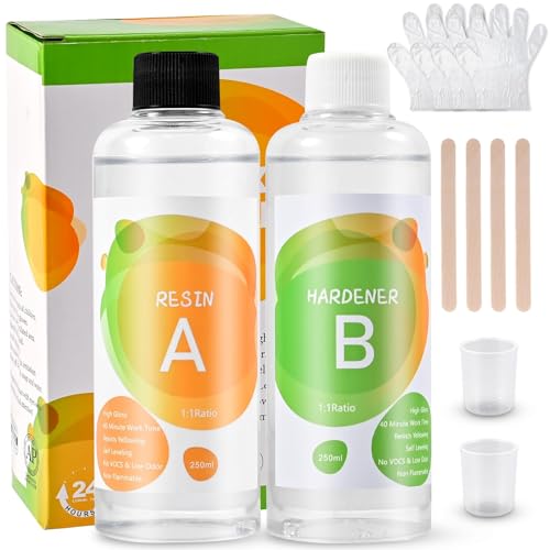 Cieex Epoxidharz mit Härter 500ml, Epoxidharz Set 1: 1 Verhältnis Glasklar Gießharz Klebstoff mit Handschuhe Holzstäbchen Messbeche, Harz Gießen Set für Schmuckherstellung, DIY-Kunsthandwerk, Holz von Cieex
