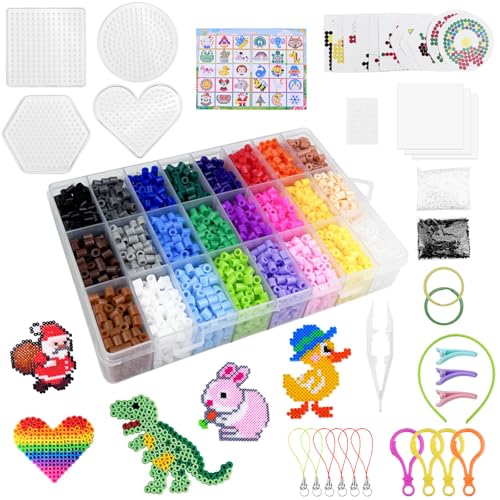 Cigrubo 6300 Bügelperlen Set 24 Farben, 5mm Steckperlen, Perlen Bastelset mit Sortierbox, Bügelperlen Platten, Bügelpapier, Muster, für Geburtstag Weihnachten Geschenk Kinder ab 6 Jahre DIY von Cigrubo