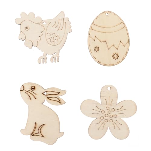 Ciieeo 40 Stück Diy Holz Osteranhänger mit Hasen Eier und Blumenmustern Unvollendete Holzscheiben für Kreative Bastelprojekte für Frühlingsbasteln und Osterdekoration von Ciieeo