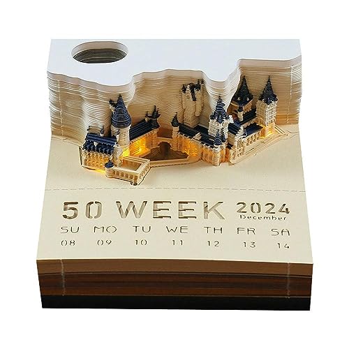 3D Memo Pad, 2024 Schreibtischkalender Memo Pad, 3D mit Kalender Notizblock Licht Schreibwaren Zubehör U8L5 Schloss Wochenzeit von Cikiki