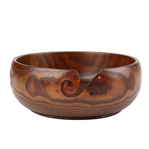 Cikonielf Garnschale aus Holz Handgefertigte Holzgarnschale Woll Schale Wood Yarn Bowl Holzgarnschale mit Löchern und Hakenhalter zum Stricken und Häkeln(18cm) von Cikonielf