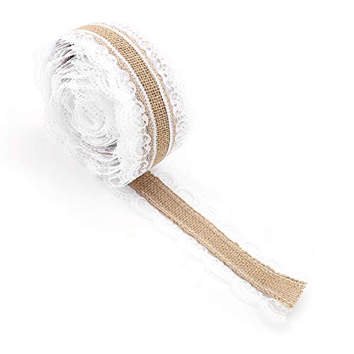 Cikonielf Juteband Vintage Spitzenband Juteband mit Spitze Weiß, Natürliche Sackleinen Hessische Jute Band 32,8ft Jute Spitze Dekoband Spitzenband für Hochzeit Weihnachten Basteln Geschenke Deko von Cikonielf