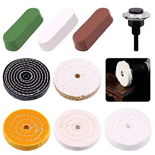 Cimeton 5Pcs 4 Zoll Polierscheibe Weißes Tuch (50ply), Gelbes Tuch (36ply), Flanell (30 Ply), Denim und Leinen Rad mit drei Poliermittel Kit mit 1/4 „Schaft für Bohrer von Cimeton