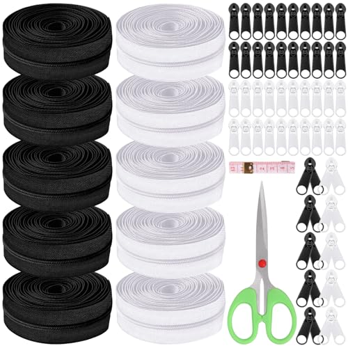 Cimeton 62Pcs schwarz-weiß #5 Nylon Reißverschluss Band Set beinhaltet 3 Yard Nylon Coil Reißverschlüsse Slider, Doppelseitiger Reißverschluss, Metall Reißverschluss, Schere, Nähen Reißverschlüsse Kit von Cimeton