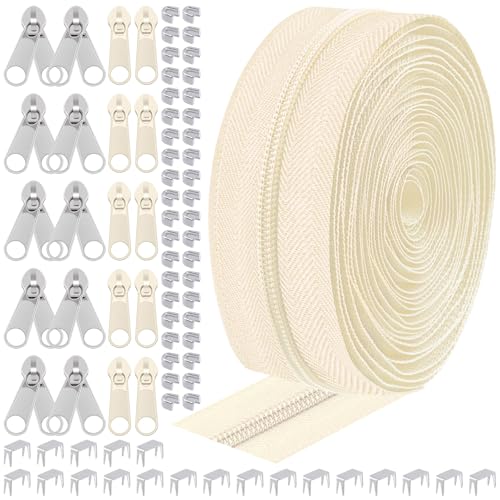 Cimeton 81Pcs #5 Nylon-Reißverschluss-Band-Kit enthält Beige 10 Yards Spule Reißverschlüsse Schieber, Reißverschluss unten oben Stops, doppelseitigen Reißverschluss, Metall-Reißverschluss (Beige) Cimeton 81Pcs #5 Nylon-Reißverschluss-Band-Kit enthält Beige 10 Yards Spule Reißverschlüsse Schieber, Reißverschluss unten oben Stops, doppelseitigen Reißverschluss, Metall-Reißverschluss (Beige) von Cimeton