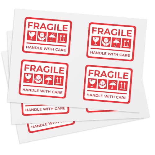 Cimpress Fragile Aufkleber Warnetiketten, 4 Sticker je Bogen, 10x7.5 cm, Weiß-Rot, Starke Haftung, Etiketten Selbstklebend, Ideal für Umzugskartons, Verpackungsbänder, Vorsicht Zerbrechlich Aufkleber von Cimpress