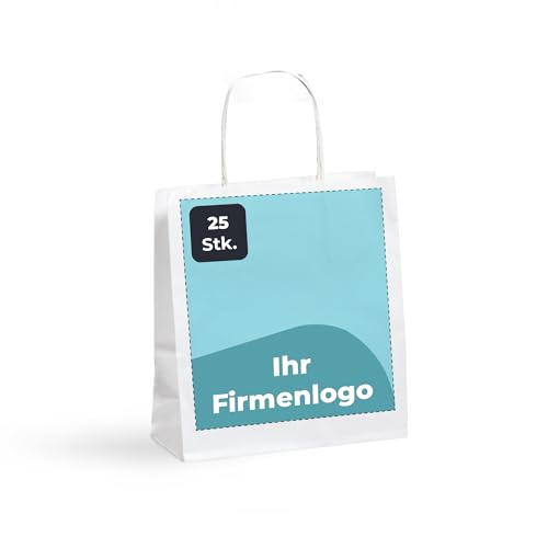 Cimpress Papiertüten mit Henkel Personalisierte Geschenktüten Selbst Gestalten Individuell Photo Logo Text Weiß Packpapier (19 x 22, 5 cm Groß, 25 Stück) von Cimpress