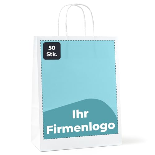 Cimpress Papiertüten mit Henkel Personalisierte Geschenktüten Selbst Gestalten Individuell Photo Logo Text Weiß Packpapier (22 x 30 cm Groß, 50 Stück) von Cimpress