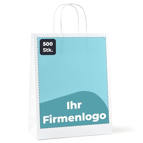 Cimpress Papiertüten mit Henkel Personalisierte Geschenktüten Selbst Gestalten Individuell Photo Logo Text Weiß Packpapier (22 x 30 cm Groß 500 Stück) von Cimpress
