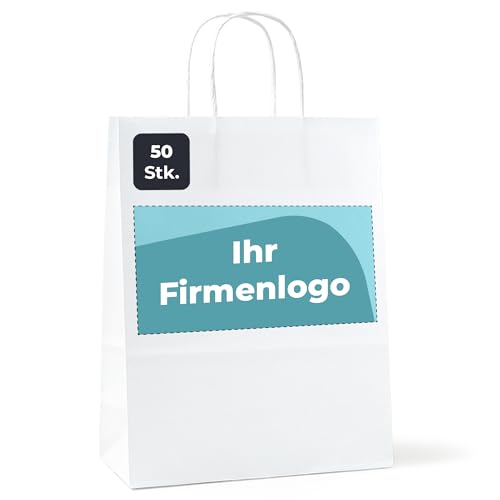 Cimpress Papiertüten mit Henkel Personalisierte Geschenktüten Selbst Gestalten Individuell Photo Logo Text Weiß Packpapier (22 x 30 cm Klein, 50 Stück) von Cimpress