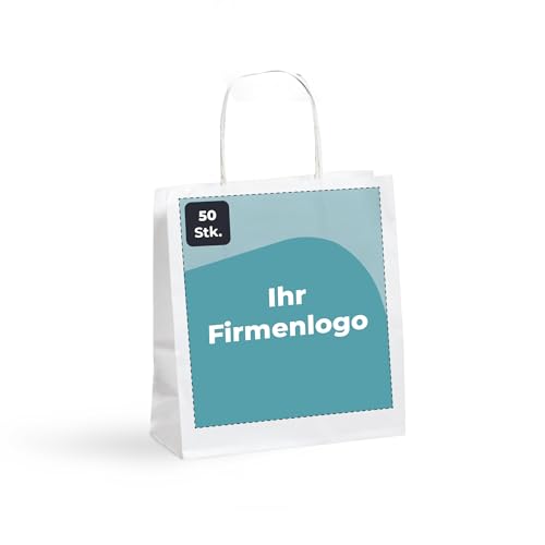 Cimpress Personalisierte weiße Papiertüten mit Henkel - Logo oder Bild hinzufügen - Kraft-Geschenktüten für Einzelhandel, Messen oder Boutiquen (19 x 22, 5 cm Groß, 50 Stück) von Cimpress