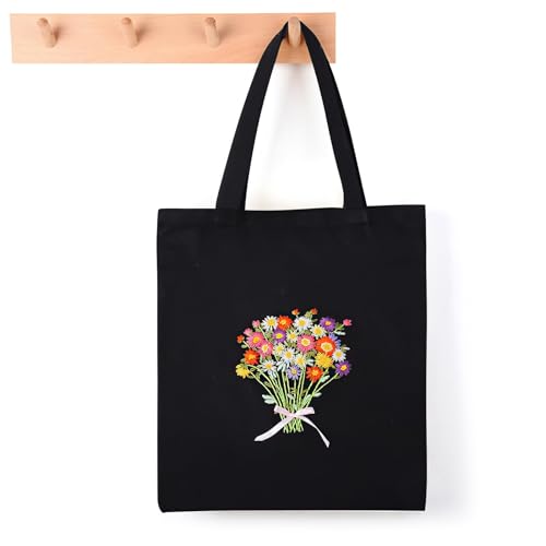 Cimvidi Canvas Tasche Stickerei Set, Blumenmuster Kreuzstich Set geeignet für Anfänger, einschließlich Anweisungen für Sticktasche Stickerei Rahmen Farbfaden Werkzeuge (Schwarz) von Cimvidi