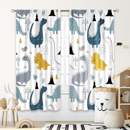 Cinbloo Kinder-Dinosaurier-Vorhänge, 106 x 160 cm (B x L), Stangentasche, Cartoon-Dino, Baby, Jungen, Schlafzimmer, Dekoration, Kinderzimmer, niedlich, marineblau, Safari, Tierkunst, bedruckt, von Cinbloo