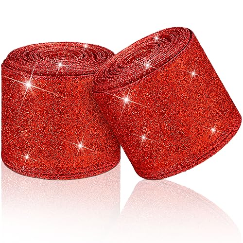 2 Rollen Weihnachten Geschenkbänder mit Drahtkanten 6,3 cm Glitzer Schleifenbänder Farbige Glänzende Dekobänder für Geschenk Verpackung Girlande Kränze (Rot, Insgesamt 40 Yard) von Cindeer