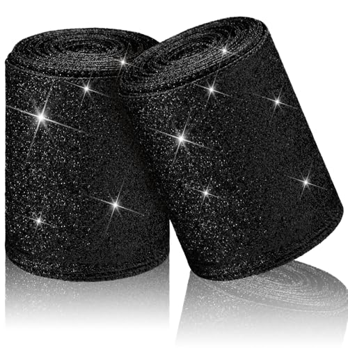 Cindeer 2 Rollen Weihnachten Geschenkbänder mit Drahtkanten Glitzer Schleifenbänder Stoffbänder für Geschenk Verpackung Party Girlande Kränze Basteln (Schwarz, Insgesamt 10 cm x 20 Yards) von Cindeer