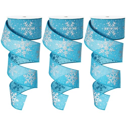 Cindeer 3 Rollen Weihnachten Schleifenbänder 2,5 Zoll 30 Yards Schneeflocken Geschenkbänder Sackleinen Bänder mit Draht für Weihnachtsbaum Geschenk Verpackung Bauernhof DIY Basteln (Blau, Silbern) von Cindeer