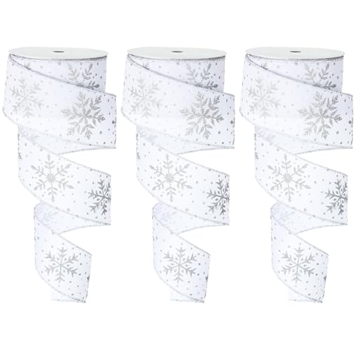 Cindeer 3 Rollen Weihnachten Schleifenbänder 2,5 Zoll 30 Yards Schneeflocken Geschenkbänder Sackleinen Bänder mit Draht für Weihnachtsbaum Geschenk Verpackung Bauernhof DIY Basteln (Weiß, Silbern) von Cindeer