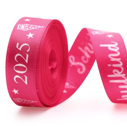 Cindeer 6 Yards Webband Schulkind 2025 für Schultüten und Einschulungsgeschenke Einschulung 16 mm breit Schulanfänger Geschenkverpackung Geschwistertüte(Rosa Band mit weißem Text) von Cindeer