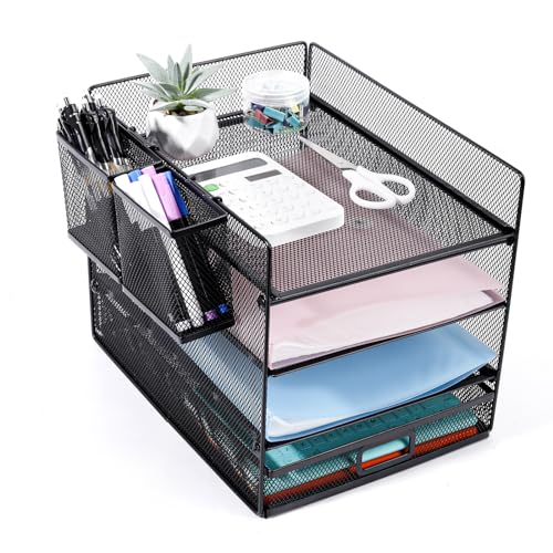 Cinnani Schreibtisch Organizer, 4 Ebenen Papier Briefablage mit Kommt mit einer Schublade und 2 Stifthaltern,Ablagefächer Organizer mit für Ordnern,Papier,Metall Schreibtisch Organizer Tablett von Cinnani