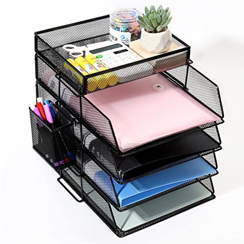 Cinnani Stapelbare Briefablage Mit Stifthalter aus Metall,4Etagen,stapelbares Papier-Organizer-Tablett,mit Schreibtisch-Ständer,Ordnern,Briefen,Papier,Metall Schreibtisch Organizer Tablett (Schwarz) von Cinnani