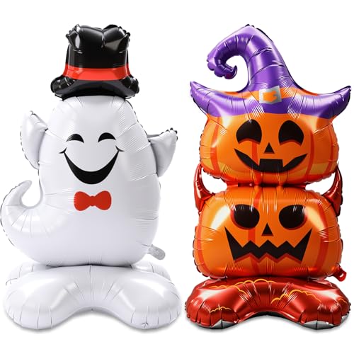 Cinnvoice 2 Stück große 3D-Halloween-Kürbis-Geister-Folienballons, 121,9 cm, Halloween-Aluminiumfolienballons mit Sockel, stehend für Tag der Toten, Horror, gruselige Party-Dekorationen von Cinnvoice