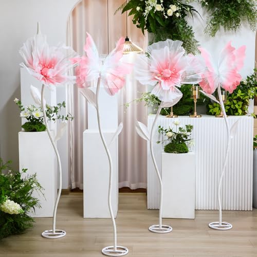 Cinnvoice 4 Set Hochzeit Riesige Schmetterling und Blume Dekorationen mit Standfuß Riesige künstliche Gaze Schmetterling Blume Hintergrund Dekorationen für Hochzeit Geburtstag Brautdusche (Rosa) von Cinnvoice