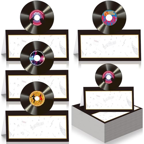 Cinnvoice 48 Stück 50er Jahre Rock and Roll Vinyl-Schallplatten, Tischkarten, Musik-Party-Dekorationen, Lebensmittel-Zelt, Sitzgelegenheiten, Namenskarten für 50er-, 60er-Jahre-Motto-Musik, Jahrzehnte von Cinnvoice