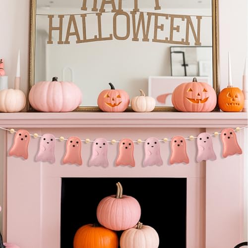 Cinnvoice Halloween-Geistergirlande, Bauernhaus, rosa Filzbanner mit Holzperlen, für Halloween-Dekoration, Kamin, Kaminsims, Wände, Dekorationen Cinnvoice Halloween-Geistergirlande, Bauernhaus, rosa Filzbanner mit Holzperlen, für Halloween-Dekoration, Kamin, Kaminsims, Wände, Dekorationen von Cinnvoice