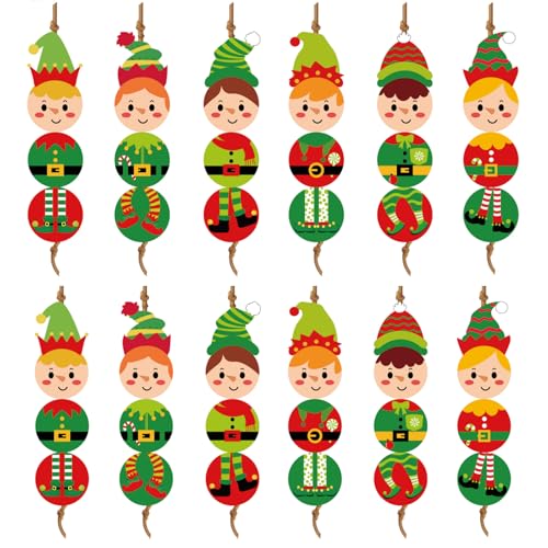 Cinnvoice Weihnachts-Holzperlen mit Bindfaden, Lebkuchenmann, Schneemann, Nussknacker, Holzperlen, Girlande, Weihnachten, Basteln, runde Perlen für Winterparty, Bauernhaus, Zuhause (Elfen-Nussknacker von Cinnvoice
