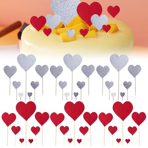 Cupcake Topper 42 Stück Kuchendeko Hochzeit Muffin Deko Hochzeit Liebe Herz Cupcake Toppers Geeignet für Geburtstag Party-Kuchendekoration (Silber/Rot) von Cinsersr