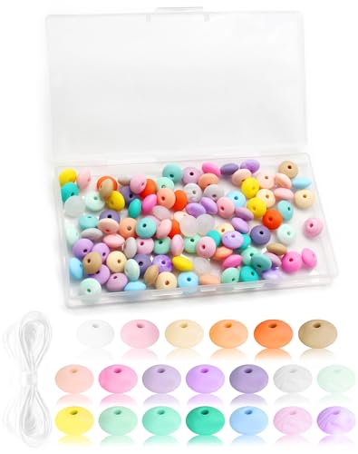 Cinvo 100 Stück Silikon-Linsenperlen, 12 mm, Abakus-Gummiperlen, lose Abstandshalter Perlen mit 5 m Umhängeband für Armbänder, Halsketten, Schlüsselanhänger, DIY Handwerk (20 Macaron-Perlen-Set) von Cinvo