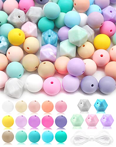 Cinvo 100 Stück lose Silikon-Perlen, 15 mm, runde Gummiperlen, 14 mm, sechseckige Perlen, Schmuckherstellung, Halsketten, Zubehör (Macaron-Farbperlen-Set) von Cinvo