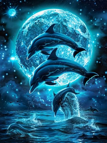 Diamond Painting Klein Set Delphin 40x50cm, DIY Diamant Painting Bilder Kinder Erwachsene Mond, 5D Daiments Painting Basteln Erwachsene, Dimond Painting Cross Stickerei Malerei Kits Wand Dekor C-0 von Ciooyxee