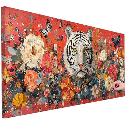 Diamond Painting XXL Groß 100x40cm Diamond Painting Tiger Bilder Set Diamant Kunst Blume Bastelset Erwachsene Zimmer Deko, DIY Full Diamant Malerei Kreativ Set für Erwachsene Wanddeko Geschenke B-93 von Ciooyxee