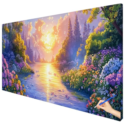 Malen Nach Zahlen Erwachsene Blumen 180x70cm XXL Malen Nach Zahlen Kinder ab 10 DIY Set Erwachsene Anfänger Paint by Numbers Sonnenuntergang Handgemalt Ölgemälde Leinwand Kit Geschenke Herbstdeko D-92 von Ciooyxee