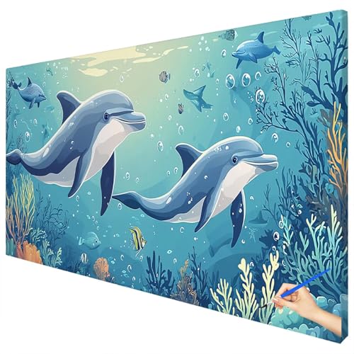 Malen Nach Zahlen Erwachsene Groß 100x40cm Malen Nach Zahlen Meer Basteln Erwachsene Delphin Paint by Numbers Adult Kit DIY Acrylfarbe Ölgemälde Set für Anfänger, Geschenke für Frauen Deko A-88 von Ciooyxee